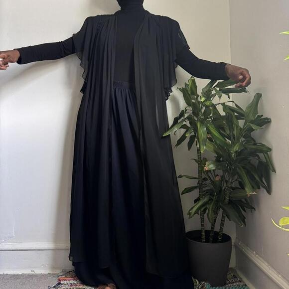 Dresses & Skirts - Vintage 90s black sheer lingerie maxi‎ dress ruffle floral cardigan